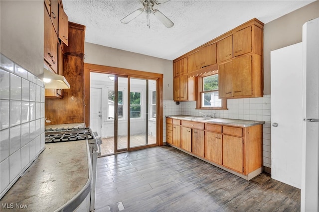 kitchen featuring ceiling fan, tasteful backsplash, wood-type flooring, a textured ceiling, and white gas range