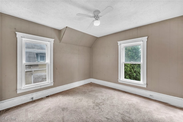 additional living space featuring a textured ceiling, carpet, lofted ceiling, and ceiling fan