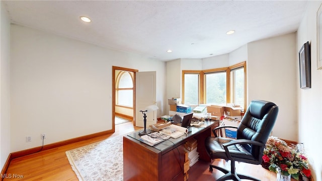 office with light hardwood / wood-style flooring and a textured ceiling