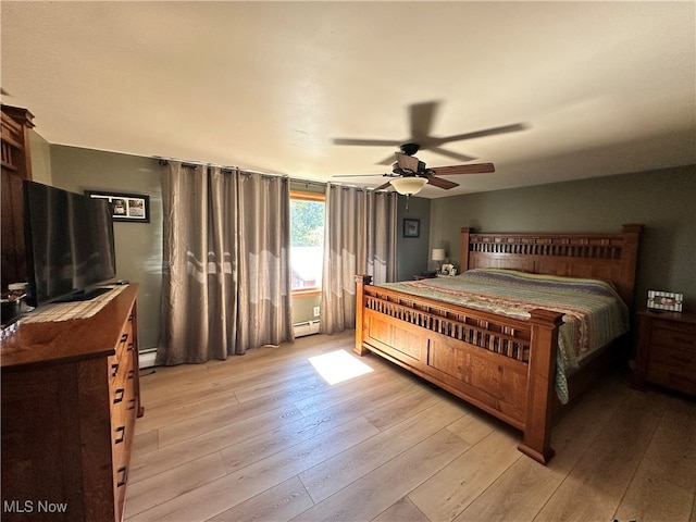 bedroom featuring light hardwood / wood-style floors, baseboard heating, and ceiling fan