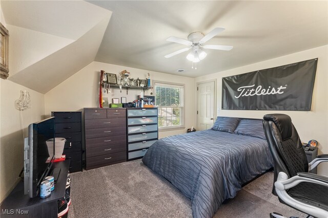 bedroom featuring vaulted ceiling, ceiling fan, and carpet floors