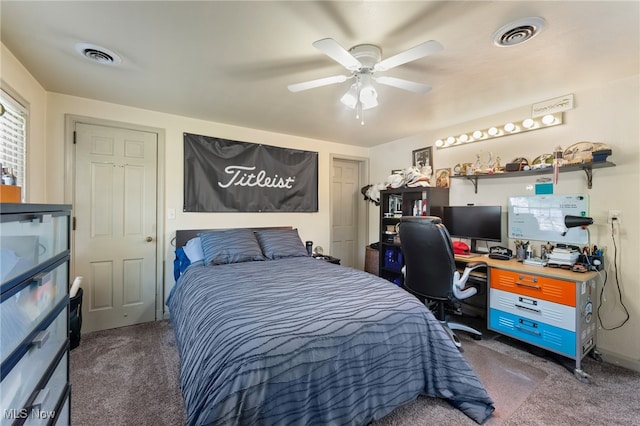 carpeted bedroom featuring ceiling fan