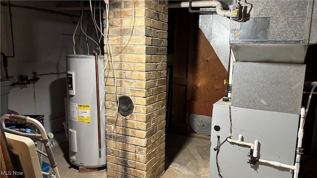 utility room with electric water heater and heating unit