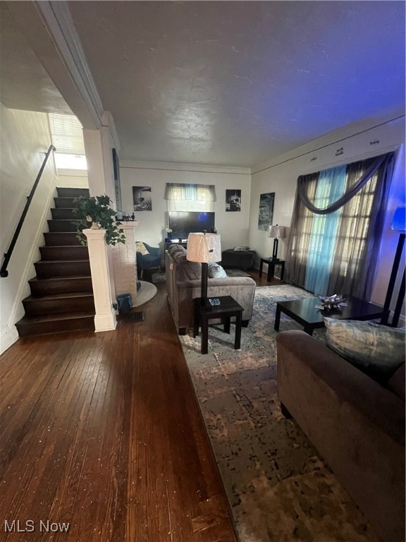 living room featuring wood-type flooring and crown molding