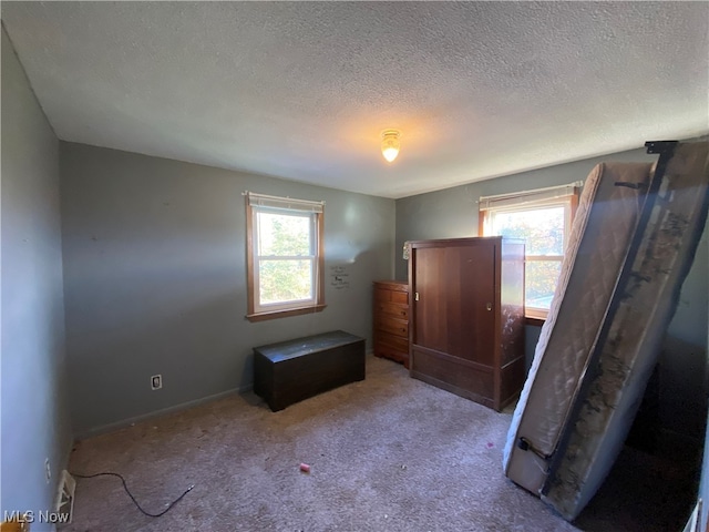 unfurnished bedroom with light carpet and a textured ceiling