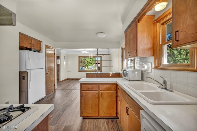 kitchen featuring kitchen peninsula, dark wood-type flooring, white appliances, and a wealth of natural light