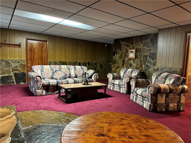70571 Pine Hollow Rd, Bridgeport, OH 43912 - living room featuring carpet floors, a drop ceiling, and wooden walls