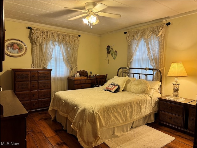 bedroom featuring ceiling fan, dark hardwood / wood-style floors, and multiple windows