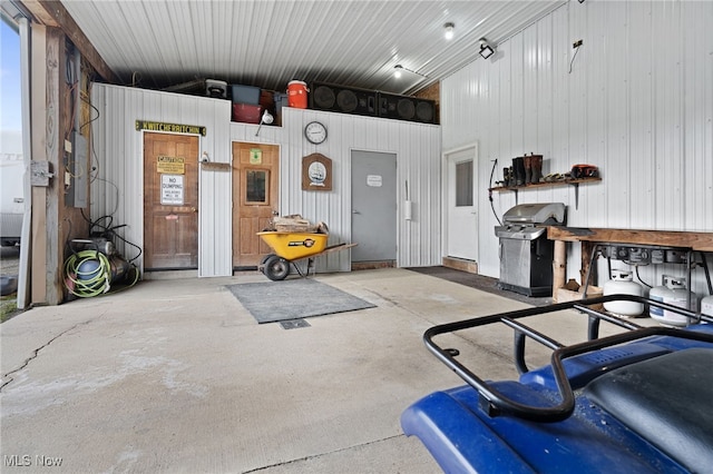 garage featuring wood walls