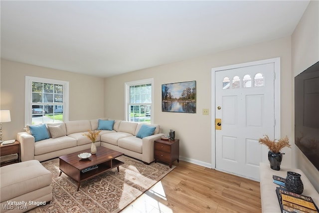 living room with light wood-type flooring and a healthy amount of sunlight