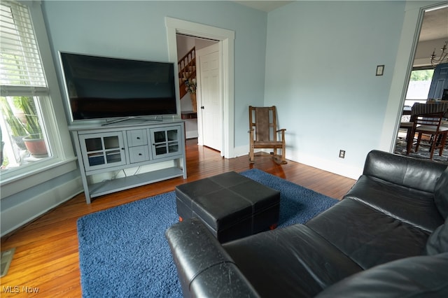 living room with hardwood / wood-style flooring and a wealth of natural light