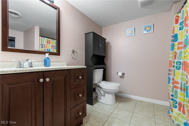 bathroom with walk in shower, vanity, toilet, and tile patterned floors