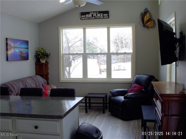 living room featuring vaulted ceiling, ceiling fan, and light wood-type flooring