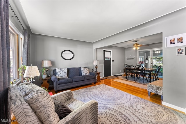 living room featuring ceiling fan and hardwood / wood-style floors