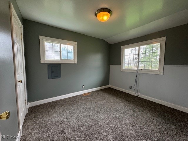 carpeted spare room with vaulted ceiling and electric panel