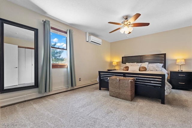 bedroom featuring an AC wall unit, a baseboard radiator, ceiling fan, and light colored carpet