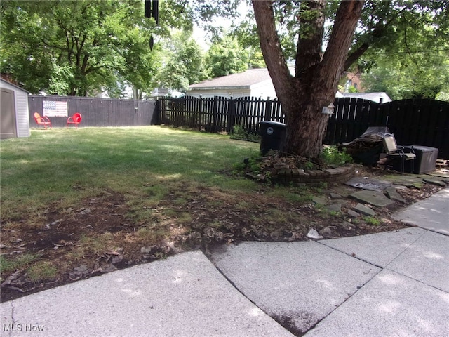 view of yard featuring a storage shed