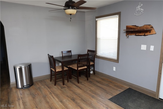 dining room featuring dark hardwood / wood-style floors and ceiling fan