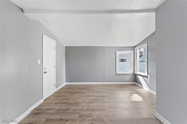 spare room featuring wood-type flooring and vaulted ceiling