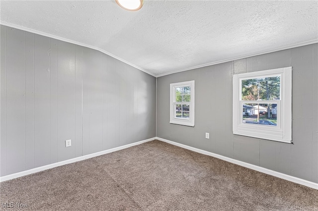 carpeted spare room with vaulted ceiling, a textured ceiling, and ornamental molding