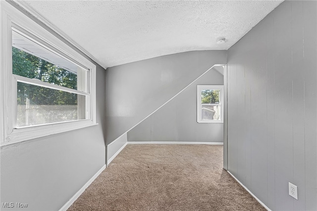 hallway featuring lofted ceiling, a textured ceiling, and carpet flooring