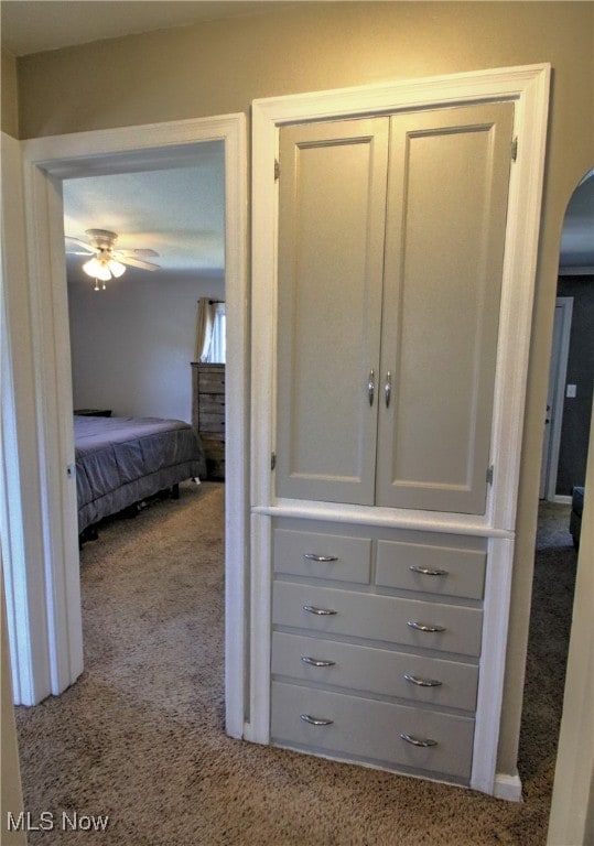 interior space featuring ceiling fan and light colored carpet