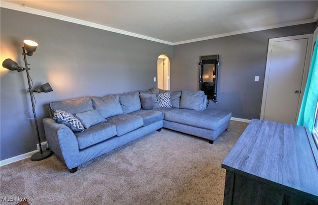 carpeted living room with crown molding