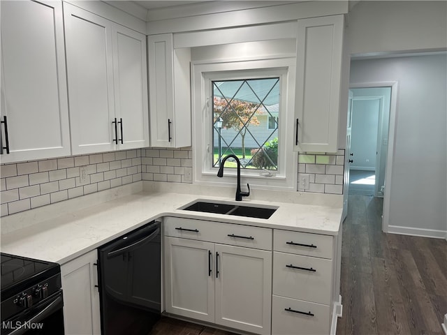 kitchen with dishwasher, sink, light stone countertops, white cabinets, and tasteful backsplash