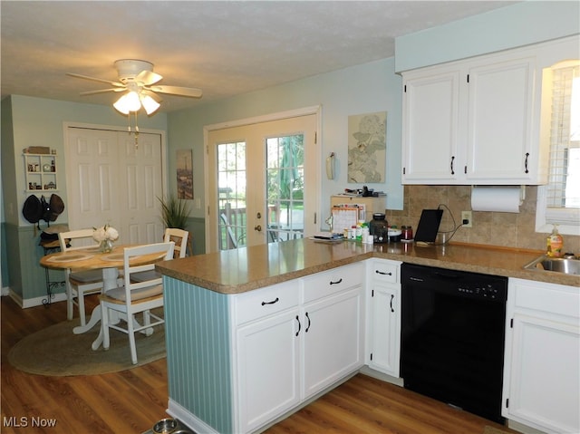 kitchen featuring dark hardwood / wood-style floors, kitchen peninsula, white cabinetry, and dishwasher