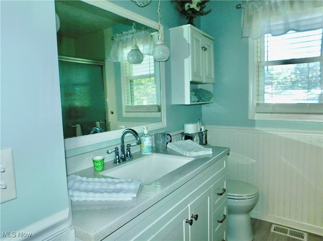 bathroom with vanity, a shower with shower door, and toilet