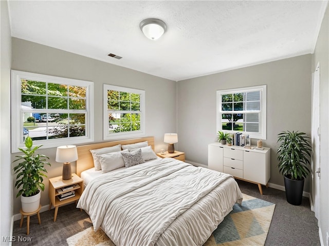 carpeted bedroom with multiple windows and a textured ceiling