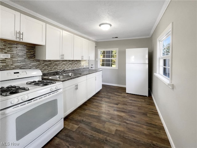 kitchen with white appliances, dark wood-type flooring, a healthy amount of sunlight, and sink