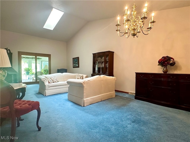 carpeted living room featuring a notable chandelier and vaulted ceiling with skylight