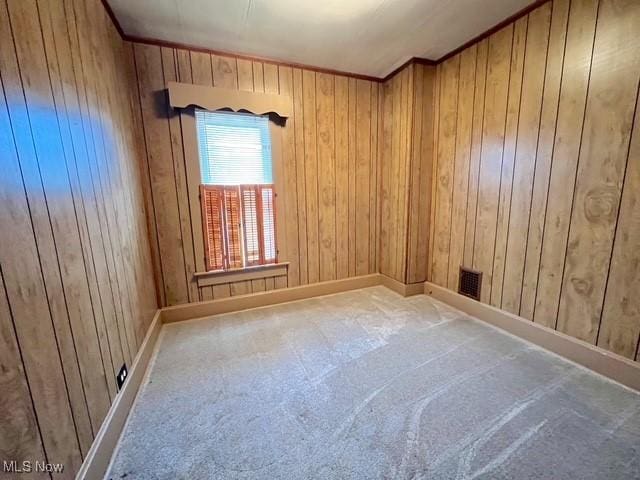 spare room with carpet flooring and wooden walls