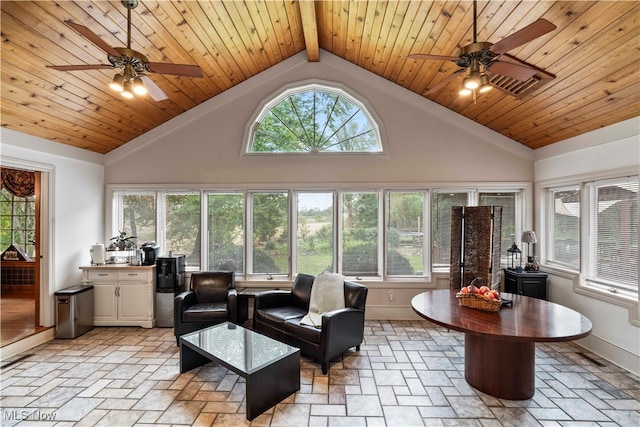 sunroom featuring lofted ceiling with beams, a wealth of natural light, and ceiling fan