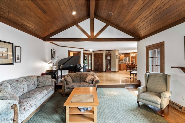 living room featuring lofted ceiling with beams, wooden ceiling, and hardwood / wood-style flooring