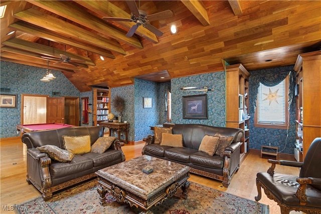 living room with lofted ceiling with beams, billiards, light wood-type flooring, wooden ceiling, and ceiling fan