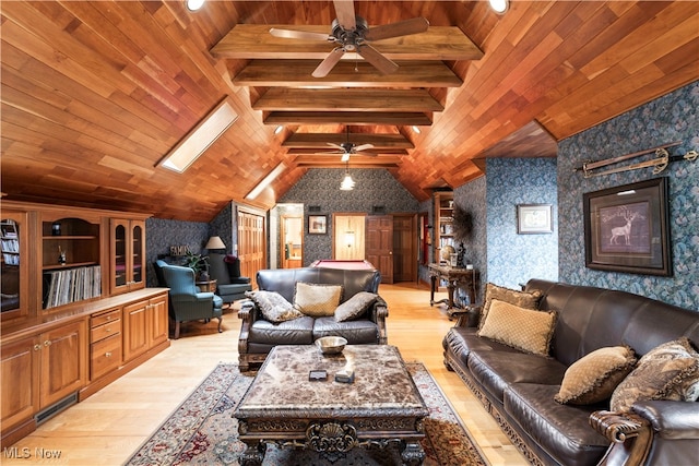 living room with light hardwood / wood-style flooring, wood ceiling, ceiling fan, and lofted ceiling with skylight