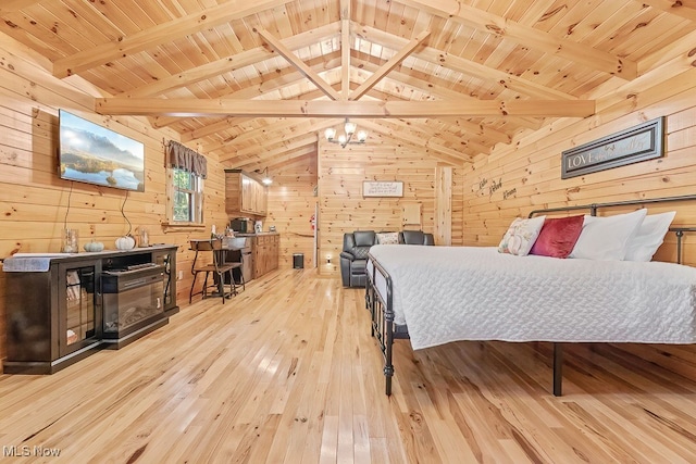 bedroom featuring light wood-type flooring, wood ceiling, and wooden walls