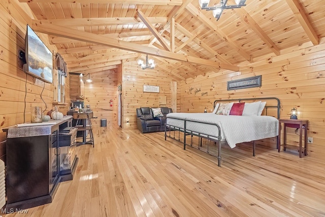 bedroom with lofted ceiling with beams, wood ceiling, light hardwood / wood-style floors, a notable chandelier, and wooden walls