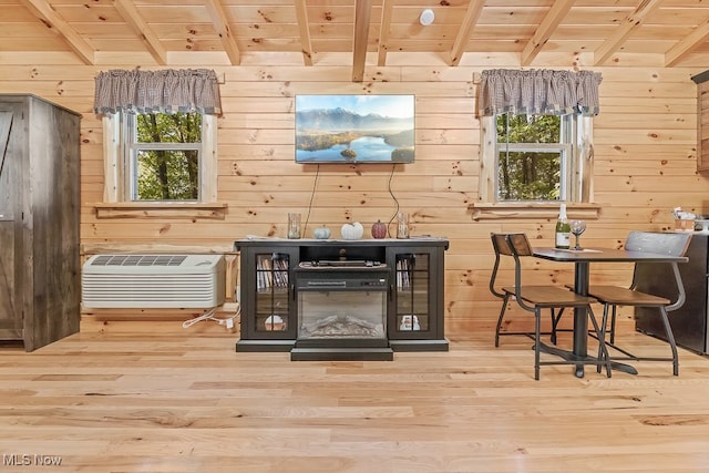 details with wood ceiling, wooden walls, and hardwood / wood-style floors