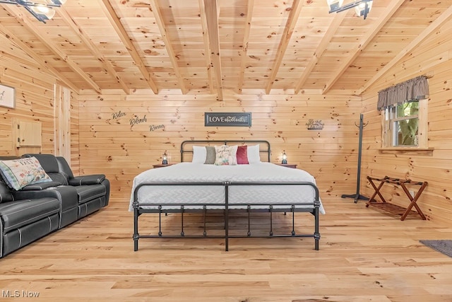 bedroom with wood ceiling, wood-type flooring, wood walls, and lofted ceiling with beams