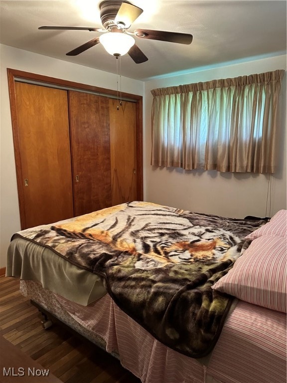 bedroom featuring ceiling fan, a closet, and hardwood / wood-style floors