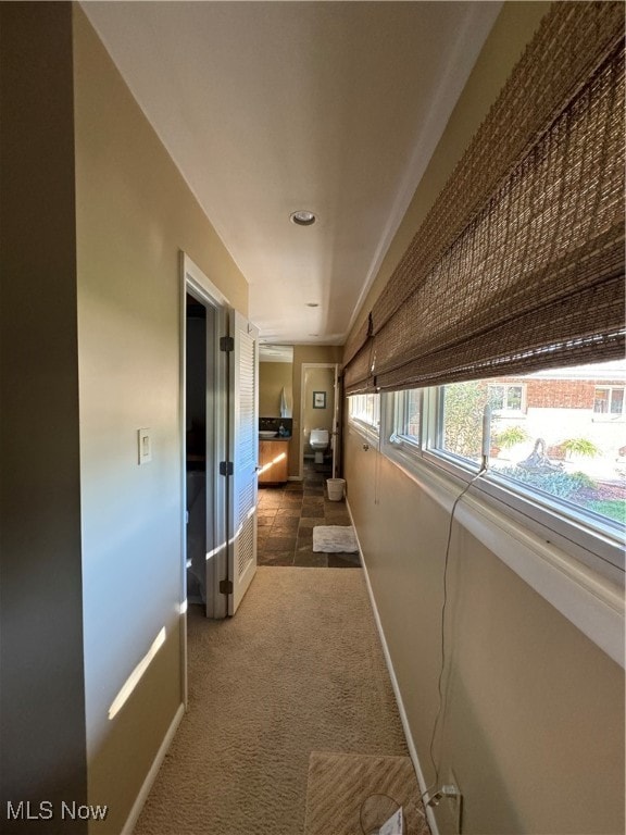 hall featuring carpet flooring and baseboards