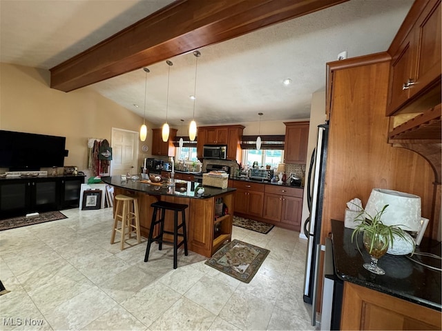 kitchen featuring a breakfast bar, vaulted ceiling with beams, open shelves, appliances with stainless steel finishes, and brown cabinetry