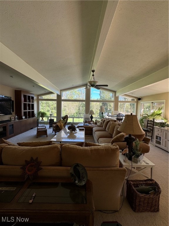 carpeted living area featuring a healthy amount of sunlight, vaulted ceiling, a textured ceiling, and ceiling fan