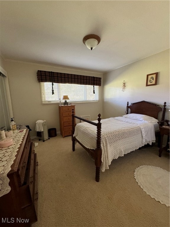 bedroom featuring light carpet