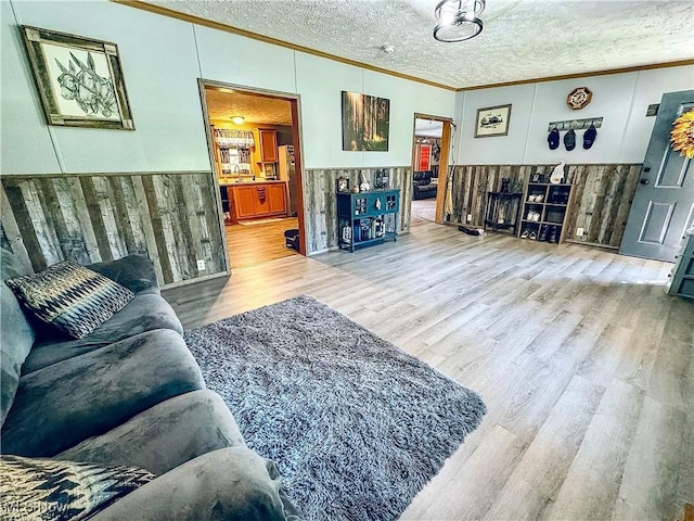 living room featuring hardwood / wood-style floors, a textured ceiling, and crown molding