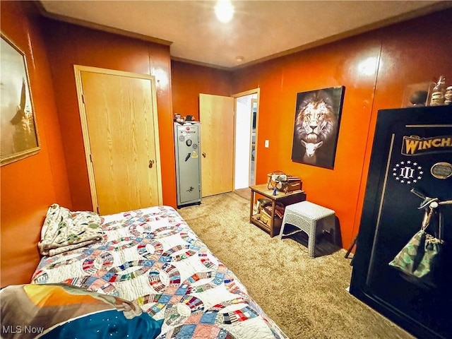 bedroom featuring light colored carpet