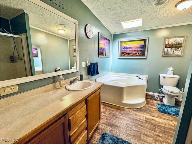 full bathroom with vanity, crown molding, wood-type flooring, and a textured ceiling